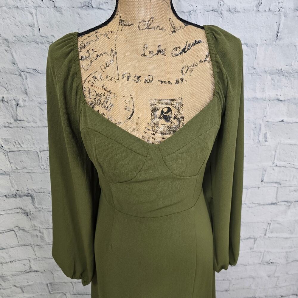 F21 midi dress Sz M green long sleeve side slip A42 - Picture 2 of 4
